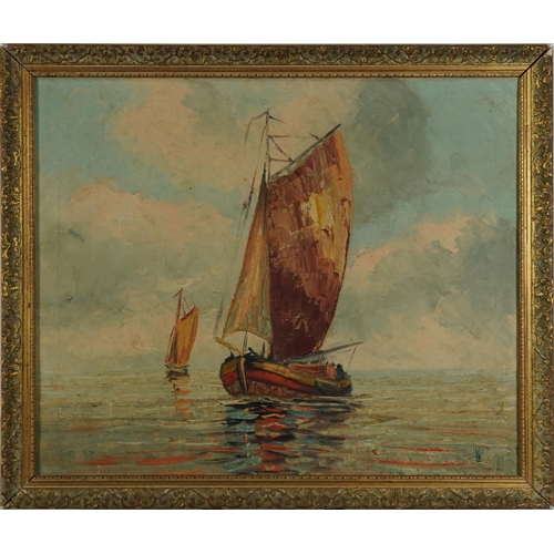 1121 - Fishing cutter, mid century German school Impressionist oil on canvas, indistinctly signed, label ve... 