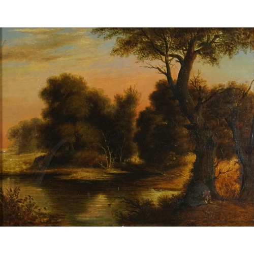 1435 - Attributed to Francois Grenier - Huntsman and fisherman beside a lake, antique oil on wood panel, in... 