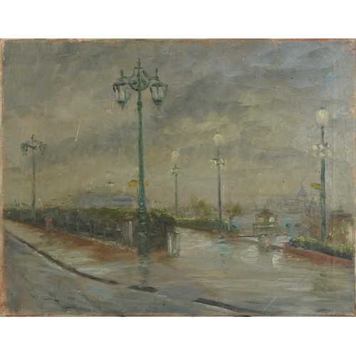 398 - Eastbourne Promenade, Impressionist oil on canvas, unframed, 45.5cm x 35.5cm