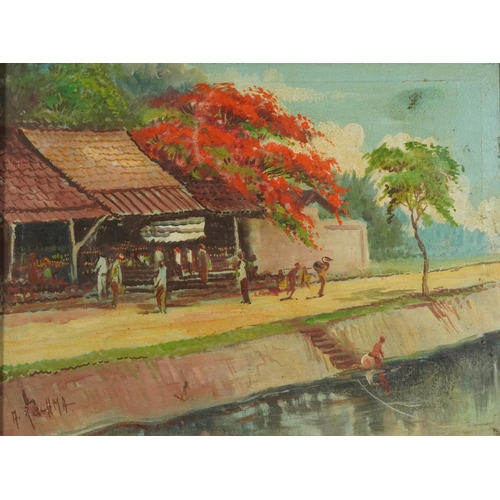 431 - Fisher village, Balinese school oil on canvas, indistinctly signed, framed, 41.5cm x 31.5cm excludin... 