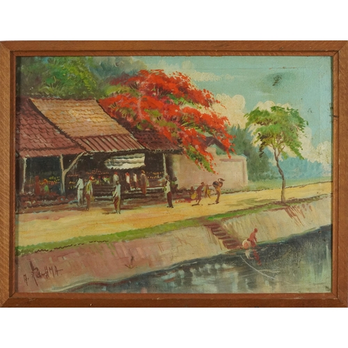 431 - Fisher village, Balinese school oil on canvas, indistinctly signed, framed, 41.5cm x 31.5cm excludin... 