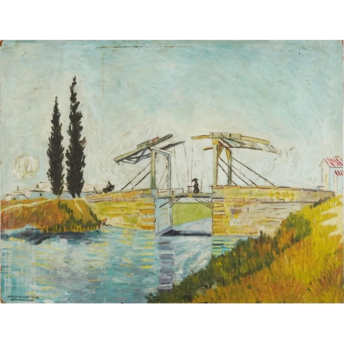 1125 - After Vincent Van Gogh - The Langlois Bridge, Impressionist oil on board, label verso, 66cm x 51cm