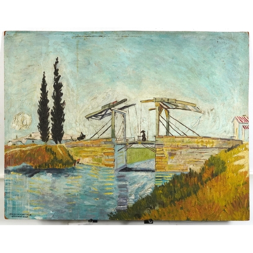 1125 - After Vincent Van Gogh - The Langlois Bridge, Impressionist oil on board, label verso, 66cm x 51cm