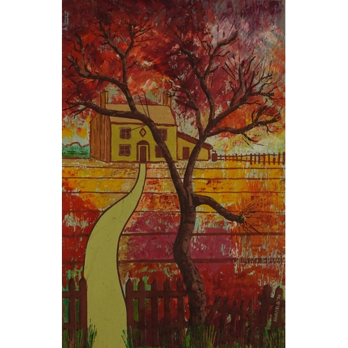 1041 - Harfield 1974 - Path beside tree with farmhouse, oil on board, mounted and framed, 57.5cm x 37cm exc... 