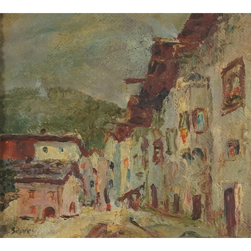 1457 - Schvey - Continental Street scene, Continental Impressionist oil on board, framed, 22.5cm x 20cm, ex... 