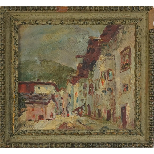 1457 - Schvey - Continental Street scene, Continental Impressionist oil on board, framed, 22.5cm x 20cm, ex... 