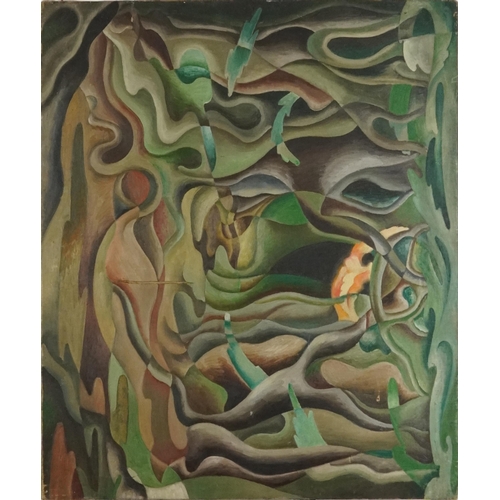 185 - Surreal landscape, oil on canvas, Maples's Depositary label verso, unframed, 76cm x 63cm