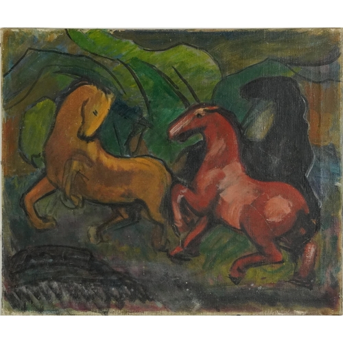 1433 - Surreal composition, horses, oil on canvas, unframed, 45.5cm x 38cm