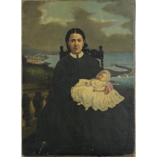 109 - Lucien Lévy-Dhurmer - Mother and child before a landscape, 19th century oil on canvas, unframed, 56c... 