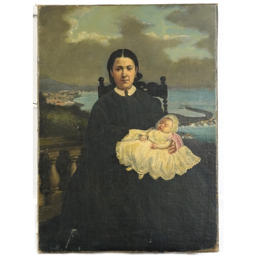 109 - Lucien Lévy-Dhurmer - Mother and child before a landscape, 19th century oil on canvas, unframed, 56c... 