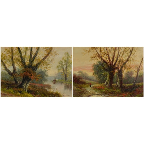 221 - W Thomas - Cattle beside water and figure on path beside woodland, pair of 19th/20th century oil on ... 