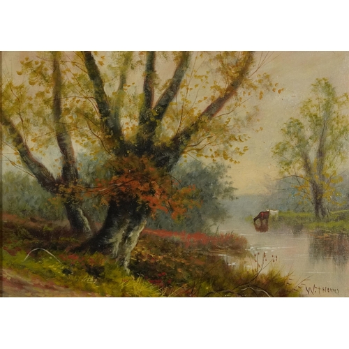 221 - W Thomas - Cattle beside water and figure on path beside woodland, pair of 19th/20th century oil on ... 