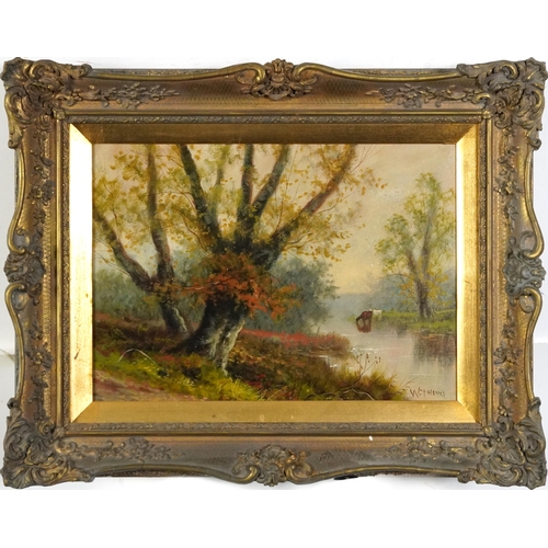 221 - W Thomas - Cattle beside water and figure on path beside woodland, pair of 19th/20th century oil on ... 