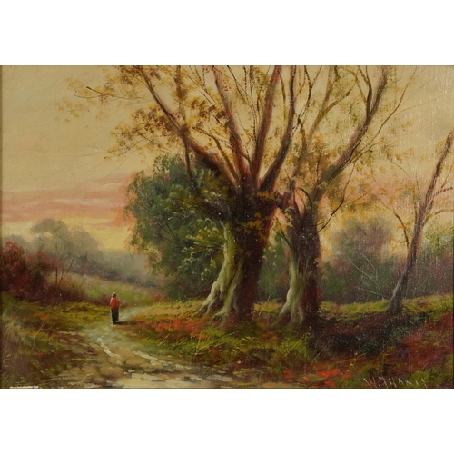 221 - W Thomas - Cattle beside water and figure on path beside woodland, pair of 19th/20th century oil on ... 