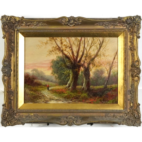 221 - W Thomas - Cattle beside water and figure on path beside woodland, pair of 19th/20th century oil on ... 