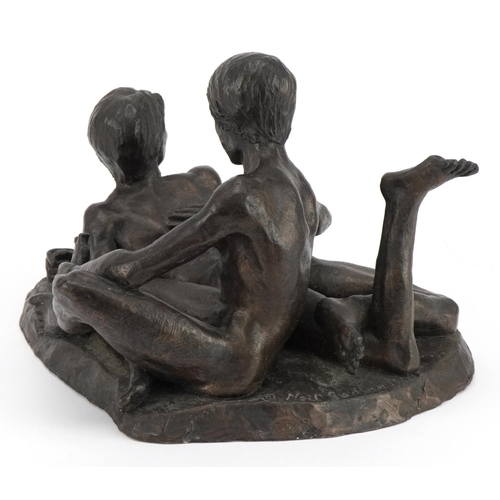 4 - Neil Godfrey 1989, contemporary cold cast bronze sculpture of a group of two nude young males bathin... 