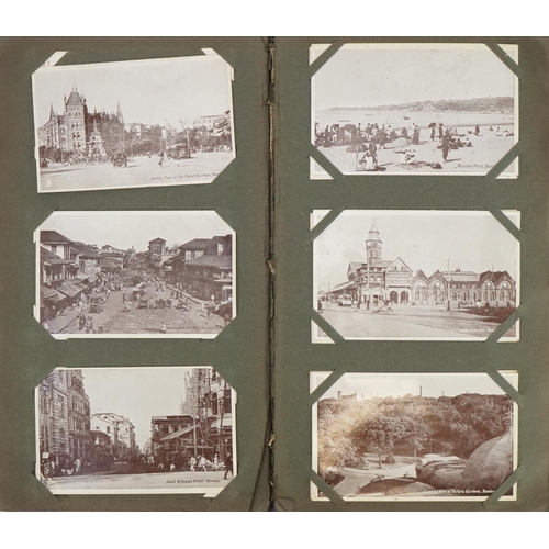 Good collection of Indian postcards and photographs arranged in an album, predominantly Bombay, some military interest, including Karachi Port, Turkish officers, ships, Lucknow and Victoria War Hospital Bombay