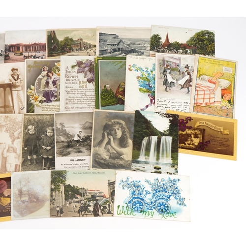 932 - Topographical, greetings and social history postcards including The Village Blacksmith and Denton st... 