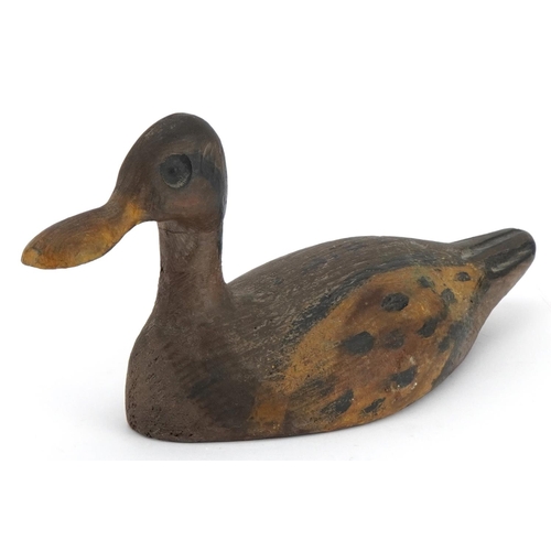 91 - Antique sporting interest carved painted wood duck decoy, 33cm in length