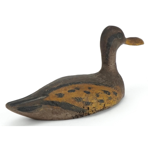 91 - Antique sporting interest carved painted wood duck decoy, 33cm in length