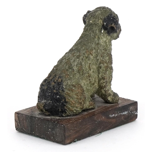 87A - 19th/20th century cold painted bronze seated dog raised on an exotic wood base, possibly Austrian, 1... 