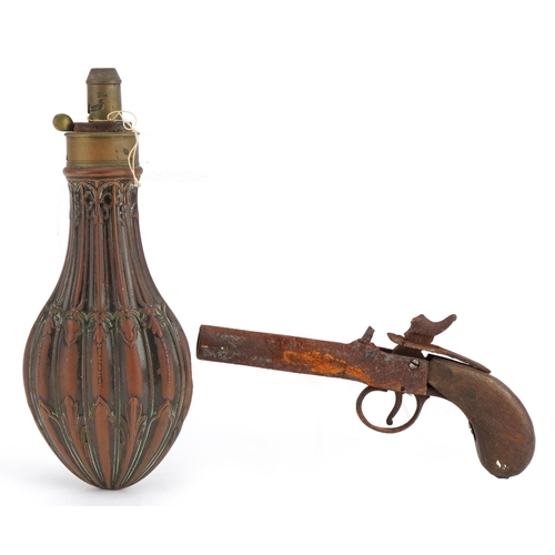 700 - 19th century percussion cap pistol and a copper and brass powder flask, impressed Hawksley, the larg... 