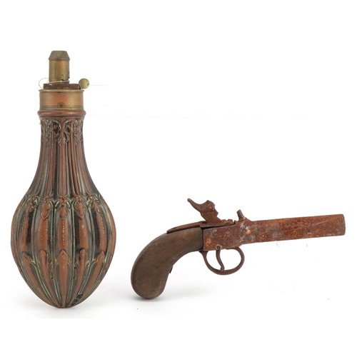 700 - 19th century percussion cap pistol and a copper and brass powder flask, impressed Hawksley, the larg... 