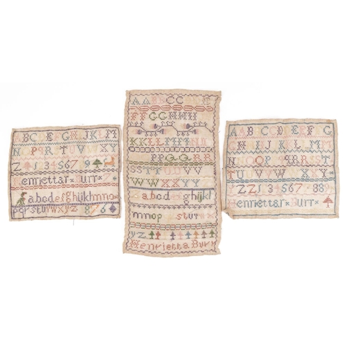 1623 - Three antique needlework samplers worked by Henrietta Burr, the largest, 32cm x 18.5cm