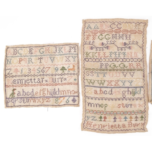 1623 - Three antique needlework samplers worked by Henrietta Burr, the largest, 32cm x 18.5cm