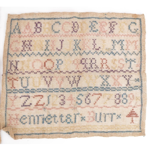 1623 - Three antique needlework samplers worked by Henrietta Burr, the largest, 32cm x 18.5cm