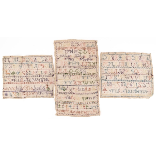 1623 - Three antique needlework samplers worked by Henrietta Burr, the largest, 32cm x 18.5cm