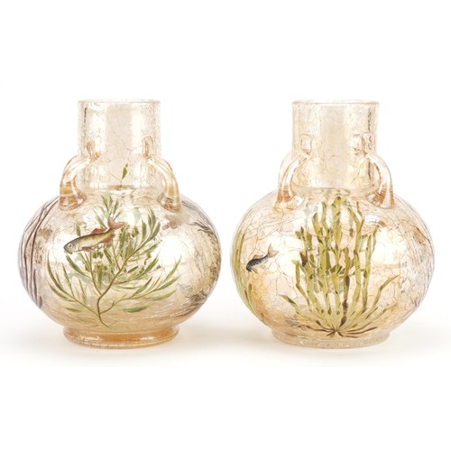 Moser, pair of Bohemian iridescent crackle glass vases with four handles hand painted with fish amongst aquatic life