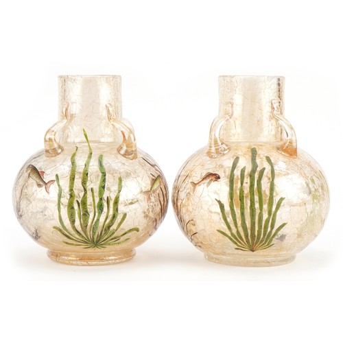 193 - Moser, pair of Bohemian iridescent crackle glass vases with four handles hand painted with fish amon... 