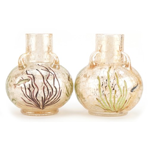 193 - Moser, pair of Bohemian iridescent crackle glass vases with four handles hand painted with fish amon... 