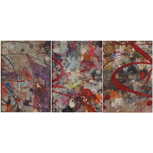 1368 - Abstract composition, set of three oil on canvases, each mounted, one framed, each canvas 17cm x 11.... 