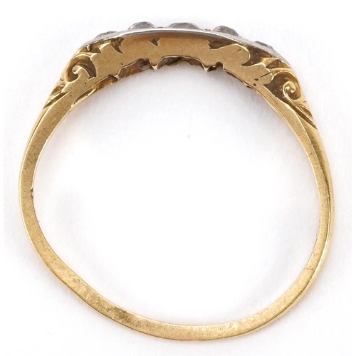 2155 - Antique 18ct gold graduated diamond five stone ring, the largest stone approximately 2.80mm in diame... 