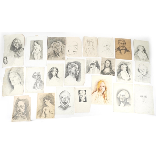 1780 - Mutob - Portraits, some nude females, collection of Russian school pencil drawings on paper, the lar... 