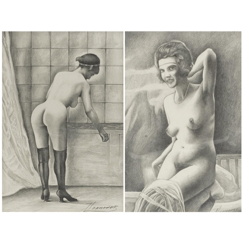 1723 - Pair of nude females, Russian pin up school pencil drawings, each signed in Cyrillic, unframed, each... 