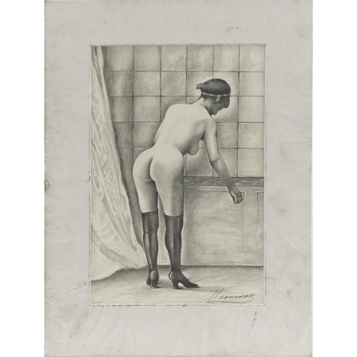 1723 - Pair of nude females, Russian pin up school pencil drawings, each signed in Cyrillic, unframed, each... 