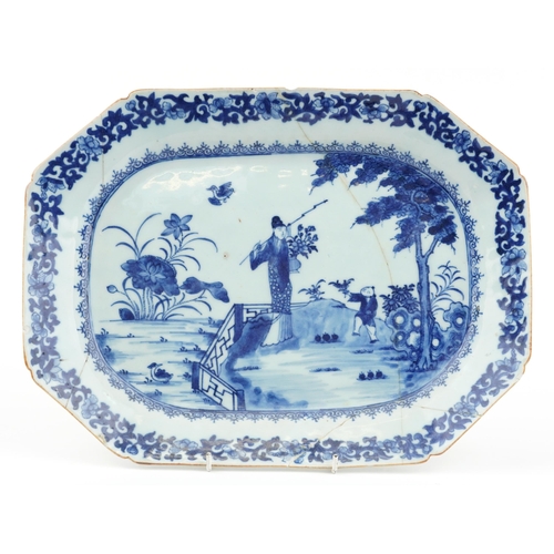 1597 - Chinese blue and white porcelain platter hand painted with mother and child in a landscape, 35cm wid... 