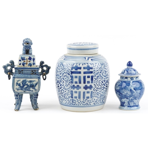 1381 - Chinese blue and white porcelain porcelain including four footed koro with ring turned handles and c... 