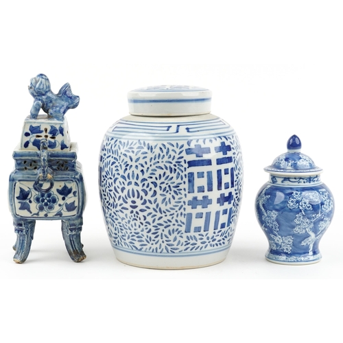 1381 - Chinese blue and white porcelain porcelain including four footed koro with ring turned handles and c... 