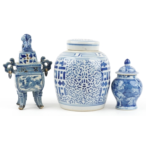 1381 - Chinese blue and white porcelain porcelain including four footed koro with ring turned handles and c... 