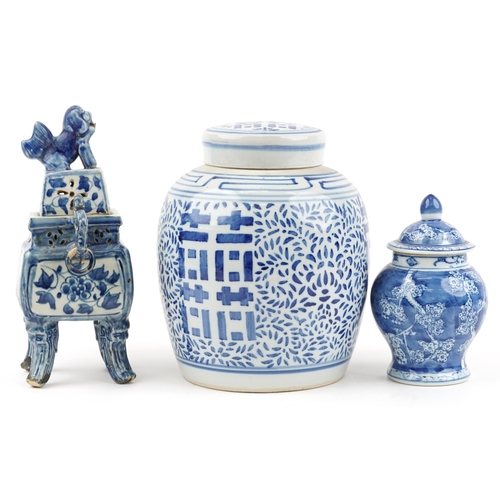 1381 - Chinese blue and white porcelain porcelain including four footed koro with ring turned handles and c... 