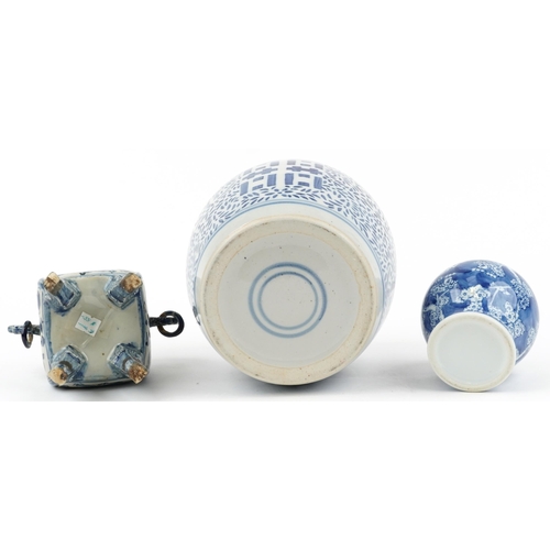 1381 - Chinese blue and white porcelain porcelain including four footed koro with ring turned handles and c... 