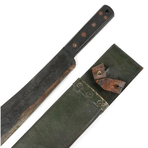 712 - British military World War II jungle machete with leather sheath by S & J Kitchin Ltd of Sheffield, ... 