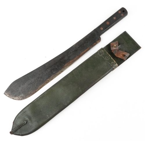 712 - British military World War II jungle machete with leather sheath by S & J Kitchin Ltd of Sheffield, ... 