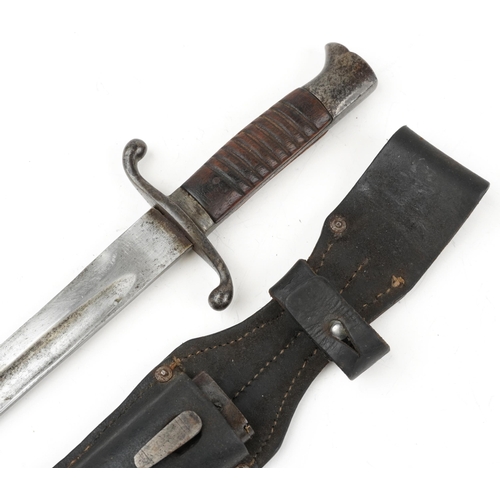 706 - Military interest side arm with scabbard and leather frog, 39cm in length