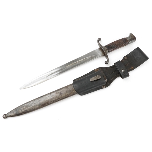 706 - Military interest side arm with scabbard and leather frog, 39cm in length