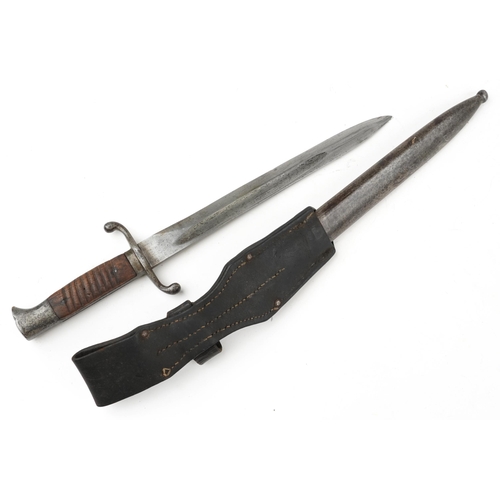 706 - Military interest side arm with scabbard and leather frog, 39cm in length